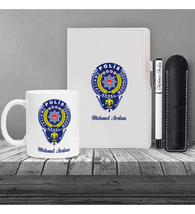 Kişiye Özel Polis Temalı UV Baskılı Beyaz Defter & Roller Beyaz Kalem ve Kupa Seti