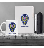 Kişiye Özel Polis Temalı UV Baskılı Beyaz Defter & Roller Beyaz Kalem ve Kupa Seti