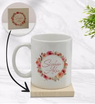 BK Gift Kişiye Özel Çiçek Tasarımlı Beyaz Kupa Bardak ve Ahşap Bardak Altlığı Hediye Seti - Model 12