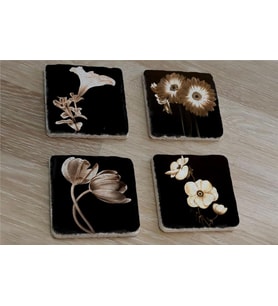 Siyah Zemin Lale Gerbera ve Çiçekler Doğal Taş Bardak Altlığı 4'lü set - Natural Stone Coasters