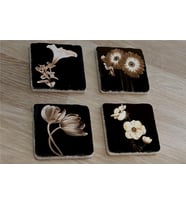 Siyah Zemin Lale Gerbera ve Çiçekler Doğal Taş Bardak Altlığı 4'lü set - Natural Stone Coasters