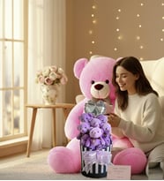 Premium 90 cm Peluş Ayı ve Silindir Kutuda, Kalpli Balonlu 6’lı Mor Ayıcık Buketi (Fuşya)