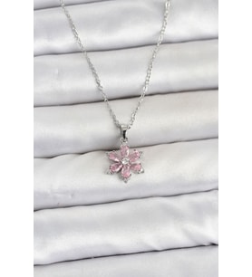 316L Çelik Zincir Gümüş Renk Pembe Zirkon Taşlı Lotus Model Kadın Kolye TJ-BKO11064