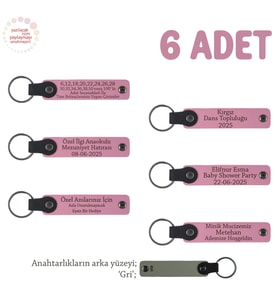Pembe & Gri, Öğretmene Veda Partisi Hatırası, 6'lı Set, Öğrenci İsimli Kişisel Deri Anahtarlık