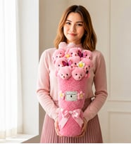 Premium Pembe Peluş Ayıcık Kalp Yastıklı Peluş Vazo Tasarımlı Ayıcık Buketi
