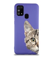 Samsung Galaxy M31 Uyumlu Lansman Kılıf Catface Tasarımlı İçi Kadife Kapak-Mor (Şeffaf)