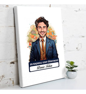 Kişiye Özel Hediye Karikatürlü En İyi Erkek Sınıf Öğretmeni Kanvas Tablo