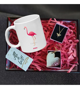 Pembe Flamingo Kupa Melek Kolye Kalp Anahtarlık Hediye Seti