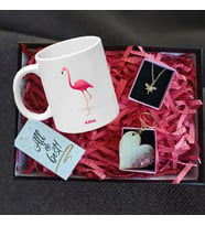 Pembe Flamingo Kupa Melek Kolye Kalp Anahtarlık Hediye Seti