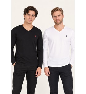 Dewberry Erkek Pamuklu V Yaka Sweatshirt 2'li Set Siyah-Beyaz T8587 Casual Stil, Şehir Stili, Günlük Giyim