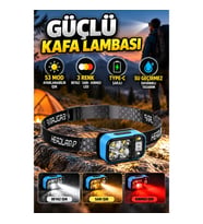 Type-C Şarjlı Üç Renkli LED Kafa Feneri – 53 Mod, Güç Göstergeli ve Su Geçirmez