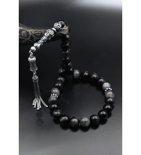 Doğal Obsidyen Taşlı Tesbih 925 Ayar Gümüş Püsküllü 10mm Küre Kesim 902618