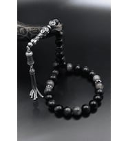 Doğal Obsidyen Taşlı Tesbih 925 Ayar Gümüş Püsküllü 10mm Küre Kesim 902618