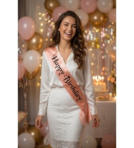 Happy Birthday Saten Kuşak Somon Üzeri Siyah Baskılı Doğum Günü Parti Kutlama Aksesuarı