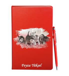Kişiye Özel Kedi Tasarımlı Kırmızı Defter Kalem Hediye Seti
