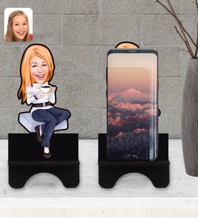BK Gift Kişiye Özel Kadın Karikatürlü Ahşap Biblo Telefon Standı-101
