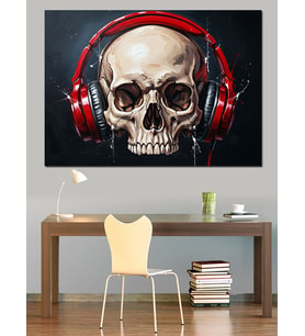 Kulaklıklı Kurukafa Müzik Sanat Dekoratif Kanvas - Mdf Ahşap Tablo