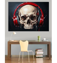 Kulaklıklı Kurukafa Müzik Sanat Dekoratif Kanvas - Mdf Ahşap Tablo
