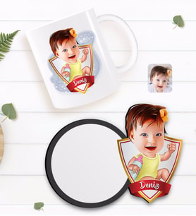 BK Gift Kişiye Özel Bebek Karikatürlü Beyaz Kupa ve Ahşap Bardak Altlığı Hediye Seti-1