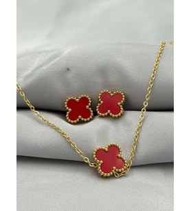 Kadın Yonca Figürlü Mineli Çelik Kolye Küpe Set (Altın)