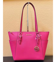 MICHAEL KORS CHARLOTTE Büyük Üstten Fermuarlı SAFFIANO Deri Kadın Çantası CARMINE Pembe