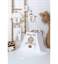 Pia Baby Premium İsme Özel %100 Pamuk Battaniyeli 5 Parça Zıbın Set Yenidoğan Erkek Bebek Hediyesi 5037-04 (Ekru)