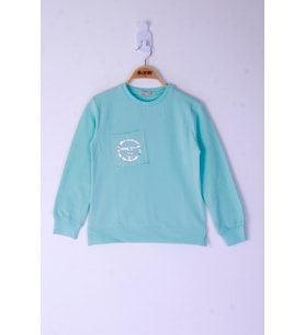 Toontoy Kız Çocuk Cebi Arma Baskılı Sweatshirt (Mint Yeşili)
