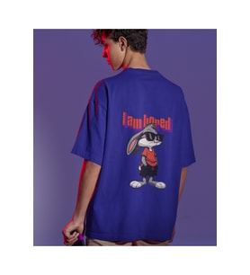 I Am Bored Çizgi Karakter Baskılı Oversize Unisex Tişört (Lacivert)