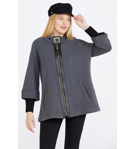 Toka Detaylı Fermuarlı Kadın Triko Ceket - Koyu Gri - Siyah