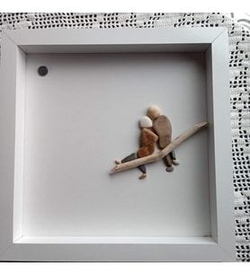 Yıl Dönümü Hediyesi Taş Sanatı (pebble Art) İle Yapılmış  Hediye Tablo '' Yan Yana Can Cana '' (Beyaz)