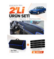 MAZDA 626 GD (1987-1991) Uyumlu Torpido Örtüsü + Tay Tüyü Bagaj Çantası + Sticker Seti - Siyah Mavi