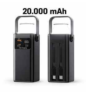 20.000 mAh Powerbank Kamp Lambası Dahili USB-C & Lightning Kablolu Dijital Göstergeli PD Hızlı Şarj Taşınabilir
