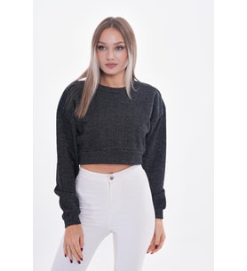 Sim Detaylı Pamuklu Kumaş Crop Sweatshirt (Antrasit)