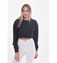 Sim Detaylı Pamuklu Kumaş Crop Sweatshirt (Antrasit)