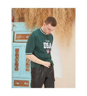 Erkek Bisiklet Yaka Tişört Nakış İşlemeli Kısa Kol Oversize T-Shirt - Yeşil