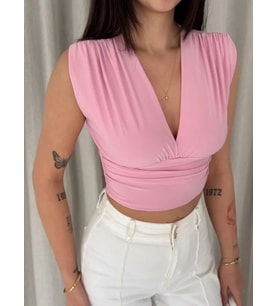 Vatkalı Kolsuz V Yaka Drapeli Crop Bluz Likralı Fit - Pembe