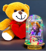 Kişiye Özel Renkli Led Işıklı Fanus ve Kalpli Peluş Ayıcık Hediye Seti (Model 10)