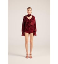 Fırfırlı Güllü Choker Aksesuarlı Şifon Sassy Gömlek Bordo