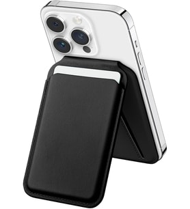 Apple iPhone 17/16/15/14/13/12 Serisi için Cüzdan MagSafe ile Uyumlu Telefona Tam Oturan Güçlü Manyetikli Sıkı Tutuş Sağlayan ve Düşme Yapmayan PU Deri Cüzdan Kartlık (Siyah-Stantlı)