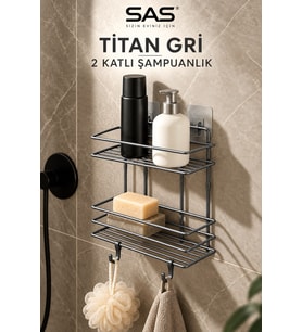 Titan Gri 2 Katlı Yapışkanlı Şampuanlık Metal Banyo Rafı 26 cm