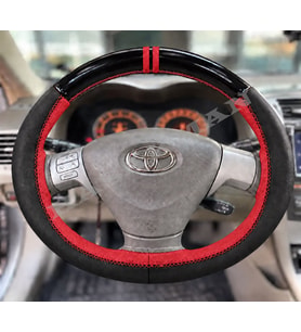 Toyota Corolla RunX Dikme Direksiyon Kılıfı Parlak Siyah Kırmızı Detaylı Kırmızı Çift Yüzük ve Dikiş 2004-2006