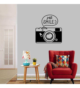 Just Smile Yazılı Fotoğraf Makinesi Dekoratif Duvar Sticker, Çıkartma, Etiket