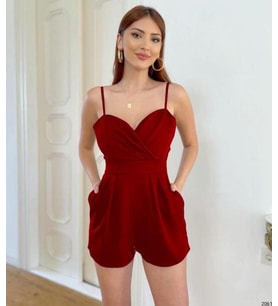 Askılı kruvaze yaka şort tulum (kırmızı)