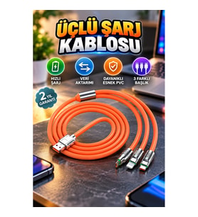 3'lü Şarj Kablosu – Hızlı Şarj ve Veri Aktarımı, Dayanıklı Esnek PVC