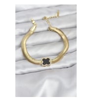 Mey İthalat® 316L Çelik Gold Renk Siyah Yonca Model Zirkon Taşlı Yılan Zincirli Kadın Bileklik