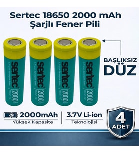 Sertec 18650 Şarjlı Pil 2000mAh Fener Pili 3.7V Li-ion Başlıksız Düz 4lü
