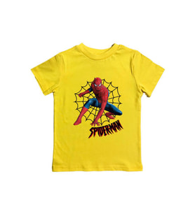 Spiderman baskılı örümcek adam pamuklu penye kumaş yazlık çocuk tişört (Sarı)