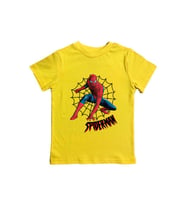 Spiderman baskılı örümcek adam pamuklu penye kumaş yazlık çocuk tişört (Sarı)
