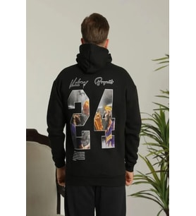 Erkek Baskılı Oversize Üç İplik Kapüşonlu Sweatshirt - Siyah