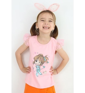 Breeze Kız Çocuk Tişört Çılgın Kız Baskılı Kolları Nakış Güpürlü 1.5-5 Yaş, Pembe